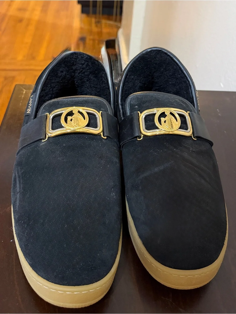 Lanvin Black Suede Slip-On Loafers with Gold Emblem and Gum Sole